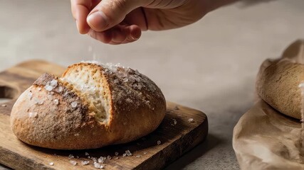 Artisan Bread Being Seasoned with Salt on a Wooden Board. - Powered by Adobe