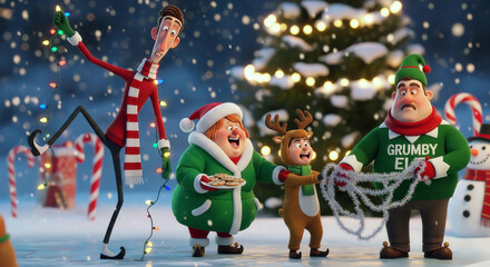 Hilarious Christmas scene showing cheerful characters decorating a snowy yard with lights while enjoying cookies and beside a Christmas tree.