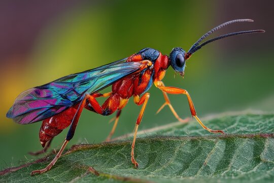 Vibrant Braconid Wasp Prowling Through Lush Tree Foliage: A Macro Study of Colorful Parasites in Nature