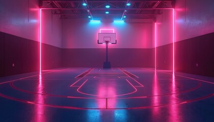 Basketball court with vibrant neon lights at night. This illuminated indoor sports arena features glowing lines on the court and around the hoop for dynamic play.