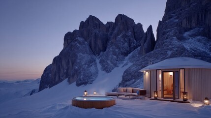 A cozy cabin sits under a twilight sky, featuring a hot tub outside. Snow blankets the ground as towering mountains create a stunning backdrop, providing a peaceful winter escape