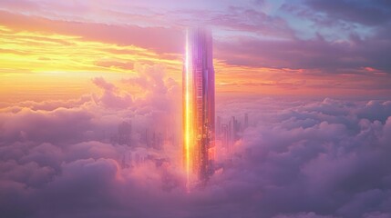 Towering Structure Pierces Through Clouds at Sunset, Radiating Golden Light.