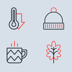 Set line Winter hat, Cup of tea, Leaf and Thermometer icon. Vector