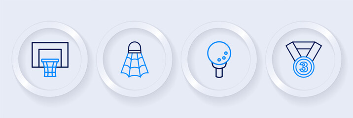 Set line Medal, Golf ball on tee, Badminton shuttlecock and Basketball backboard icon. Vector