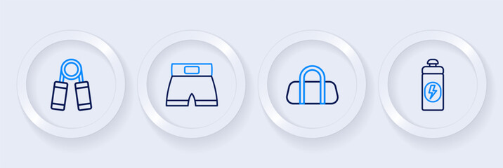 Set line Fitness shaker, Sport bag, Boxing short and expander icon. Vector