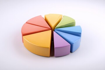 A 3D render of a pie chart divided into colorful sections, floating in the air. Isolated on a plain white background. Concept of market share, data visualization, and statistics.
