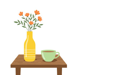 A charming illustration of a vase filled with orange flowers and a cup of coffee resting on a wooden table, creating a cozy and inviting scene.