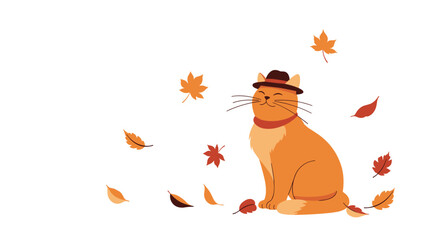 A charming orange tabby cat wearing a hat and scarf sits amidst falling autumn leaves, embodying the essence of the fall season.