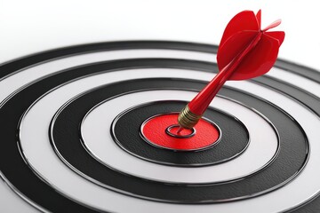 A 3D render of a red dart hitting the exact center of a dartboard. Isolated on a plain white background. Concept of precision, hitting targets, and business goals.