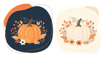 Autumnal Bliss: A Pair of Stylish Pumpkin Illustrations Evoking the Cozy Spirit of Fall and Thanksgiving Season.