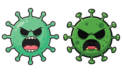 Cartoon Angry Virus Characters and Immunity Shield Vector Graphics: Concept Art for Disease Defense and Strong Health Icons