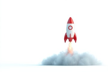 A 3D render of a rocket taking off, leaving a smoke trail. Minimalist style isolated on a plain white background. Concept of startup launch, innovation, and business boost.