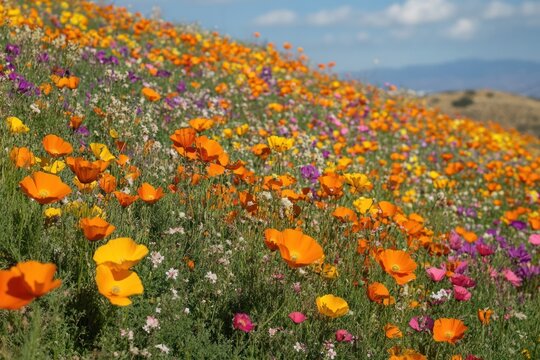 A vibrant field of flowers, with a variety of colors and shapes, stretching out into the distance under a clear blue sky.