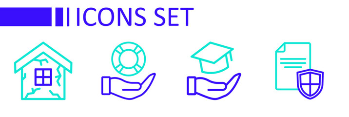 Set line Contract with shield, Education grant, Lifebuoy in hand and House icon. Vector