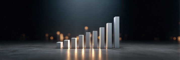 Ascending white bar graphs on reflective surface in dimly lit setting