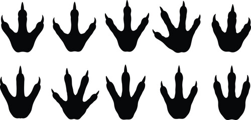 Black Silhouette Set of Raptor Dinosaur or Bird Claw Footprints in Various Styles and Shapes Isolated on White Background Prehistoric Animal Trace Mark Vector Illustration for Stock. © Atabur