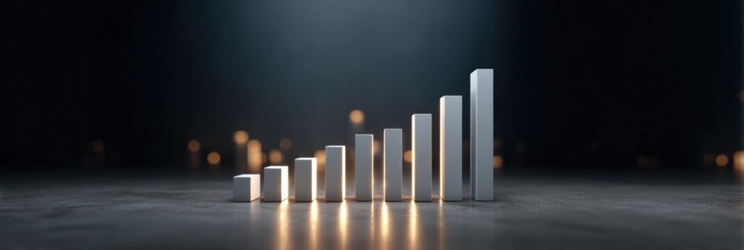 Ascending white bar graphs on reflective surface in dimly lit setting