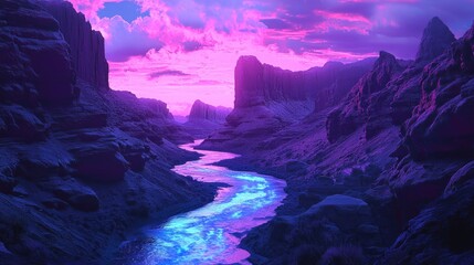Vibrant River Canyon Landscape with Pink and Purple Sky.