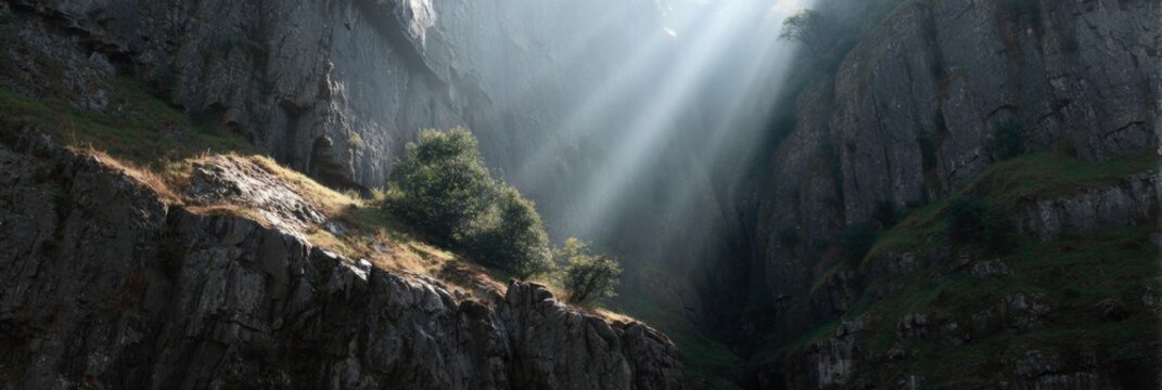 Sunlight streaming through rocky gorge illuminating lush greenery