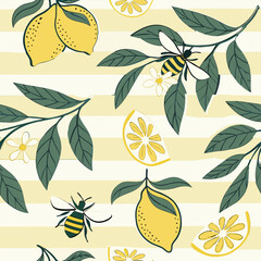 Italian seamless vector pattern with lemons, lemon blossoms, leaves, honeybees. Stripes make it perfect for fabric, wrapping, and spring.