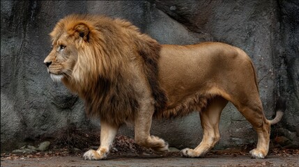 Profile of a Majestic Big Cat: Adult Lion Strolling Away While Casting a Glance Back