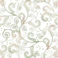 A seamless companion pattern with curved branches in a soft green and beige color. Watercolor illustration for interior design, apparel and fabric printing, project design, and packaging.