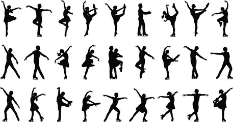 Elegant Black Silhouette Collection of Figure Skaters Performing Graceful Jumps, Spins, and Poses on Ice, Capturing the Artistic Movement and Passion of Winter Sports and Competitive Skating.