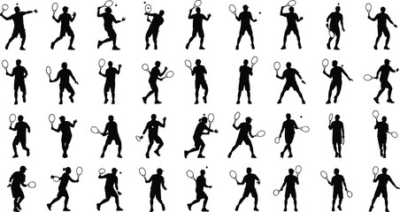 Dynamic tennis player silhouette collection, multiple action poses with rackets and balls, professional sports movement vector set for design, training, competition, fitness illustrations