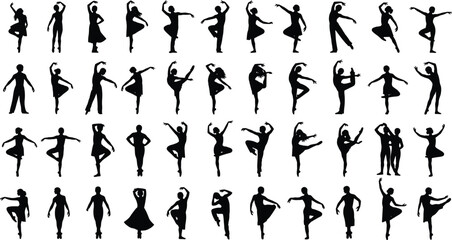 Elegant silhouette dancers performing diverse artistic poses, showcasing graceful movement, creative choreography, expressive motion, dynamic balance, modern dance forms, isolated black