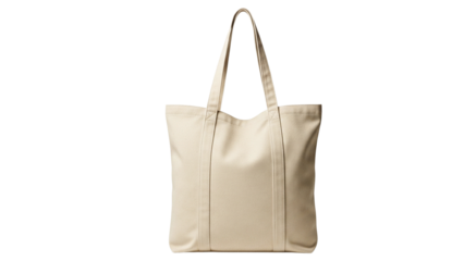 Beige canvas tote bag with long handles isolated on transparent background, reusable eco shopping bag mockup