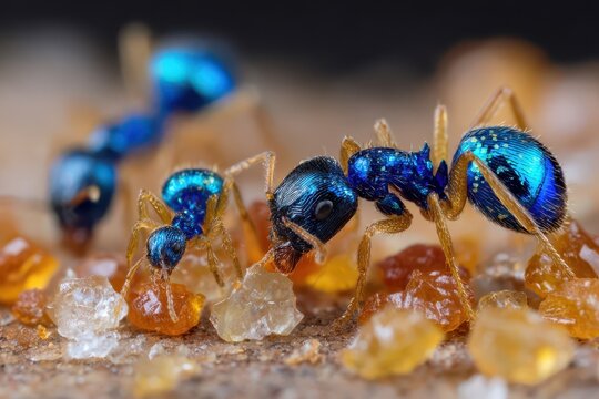Vibrant Close-Up of Tapinoma Melanocephalum Ghost Ants foraging on Spilled Food in a Tropical Kitchen