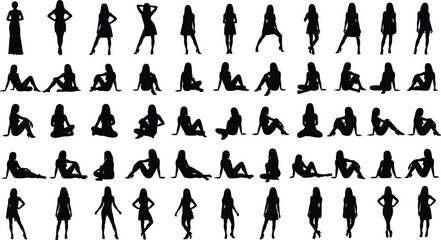 Extensive collection of diverse female silhouettes in various standing, sitting, and reclining poses, representing beauty, fashion, modeling, elegance, and womanhood for design, advertising,  