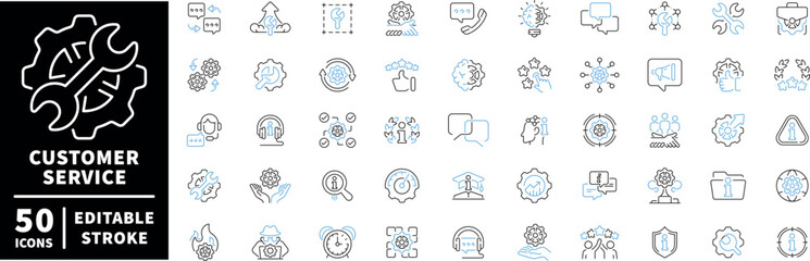 Customer service icons set. editable line icons for communication and support