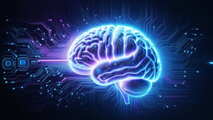 Fototapeta premium Glowing neon brain on digital circuit board