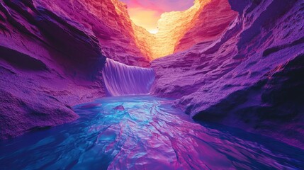 Vibrant Canyon Landscape with Waterfall and Colorful Sky.