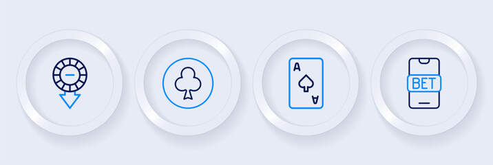Set line Online sports betting, Playing card with spades symbol, clubs and Casino chips icon. Vector