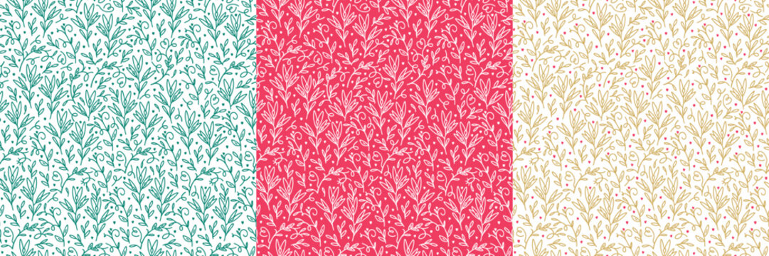 Set of seamless botanical patterns in doodle style. For holiday wrapping paper. New Year's fantasy pattern with plants and hearts for declaration of love. Elegant and whimsical pattern