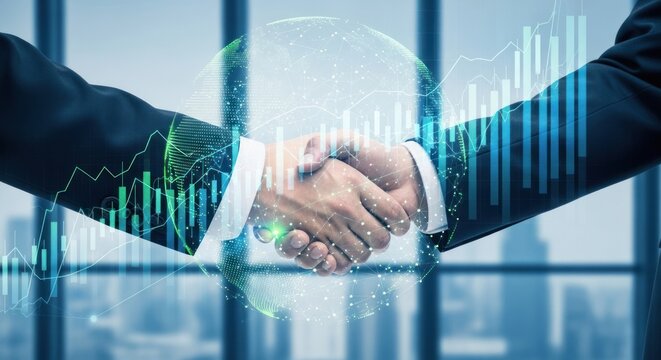 Business handshake overlaid with digital globe and financial charts.