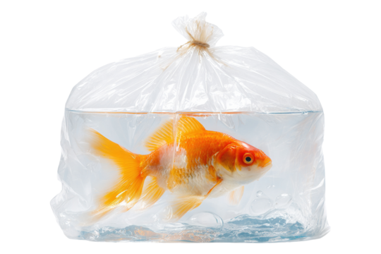 Goldfish in clear plastic bag filled with water on transparent background - Powered by Adobe