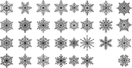 Intricate Set of Black Outline Snowflake Icons, Detailed Ice Crystal Shapes Vector Collection, Representing Winter, Christmas, and Frosty Weather Graphics, Ideal for Holiday Backgrounds