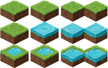 Isometric grass and water tiles, cartoon ground blocks, game terrain set, vector land assets, soil and water illustration, nature landscape elements pack