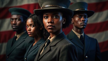 Four african american people stand against US flag. Group wears military uniforms. Dark skinned male and female model celebrate Black History Month event with focus on freedom and community.