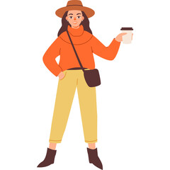 Young Woman Wearing A Hat And Orange Turtleneck Sweater Holding Coffee Cup And Crossbody Bag Standing With One Hand On Hip On Transparent Background