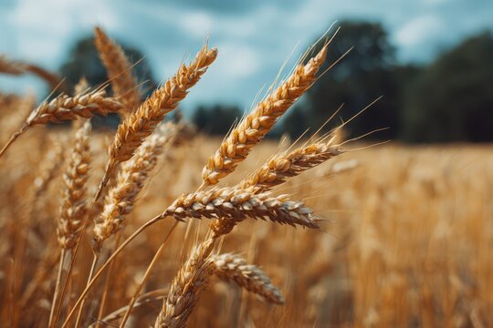 Sun-Kissed Summer Wheat Landscape: A Golden Field of Flourishing Crops and Lush Grass