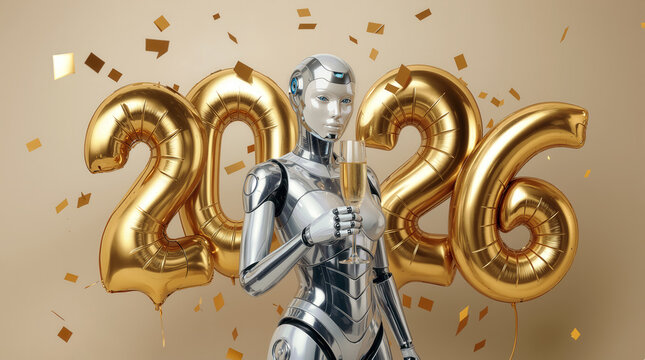 Happy New Year 2026. Humanoid robot holding a champagne glass in front of golden balloons under confetti rain.