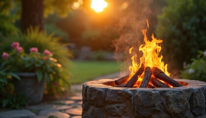 Rustic stone fire pit glows warmly at sunset in a garden. Logs burn brightly with smoke rising. It is a peaceful setting for outdoor relaxation and togetherness during summer evenings.