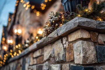 Festive Stone Wall Adorned with Holiday Lights and Greenery.