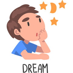 Young Boy Dreaming with Stars and Moon Icons Above Head in Blue Shirt on Transparent Background