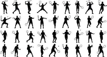 Large collection of tennis player silhouettes, showcasing dynamic action poses like serving, volleying, forehand, and backhand strokes, ideal for sports, competition, fitness, exercise,
