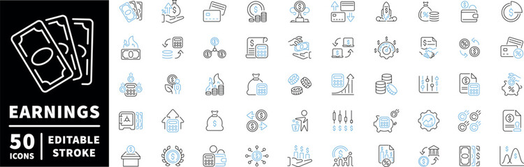 Finance and earnings icons set. editable line icons, outline, money and economy symbols